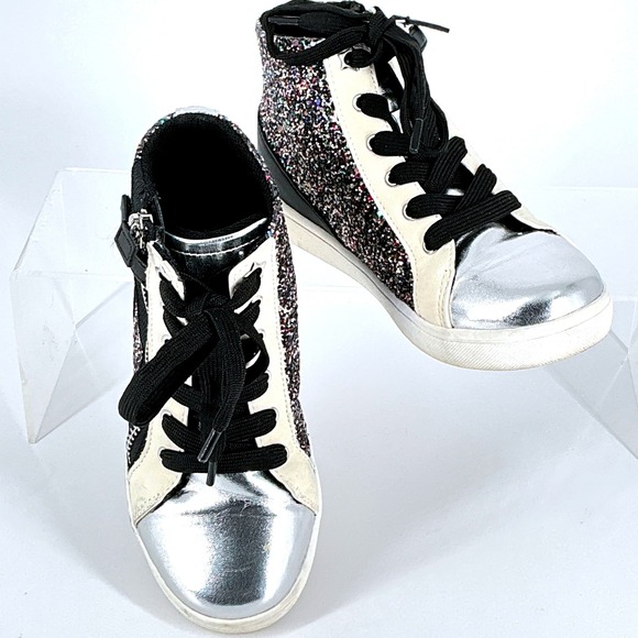 Nina Size 13 Kids Yuti Star High Top Sneakers Silver Black Glitter Lace Up Zip - Picture 7 of 16